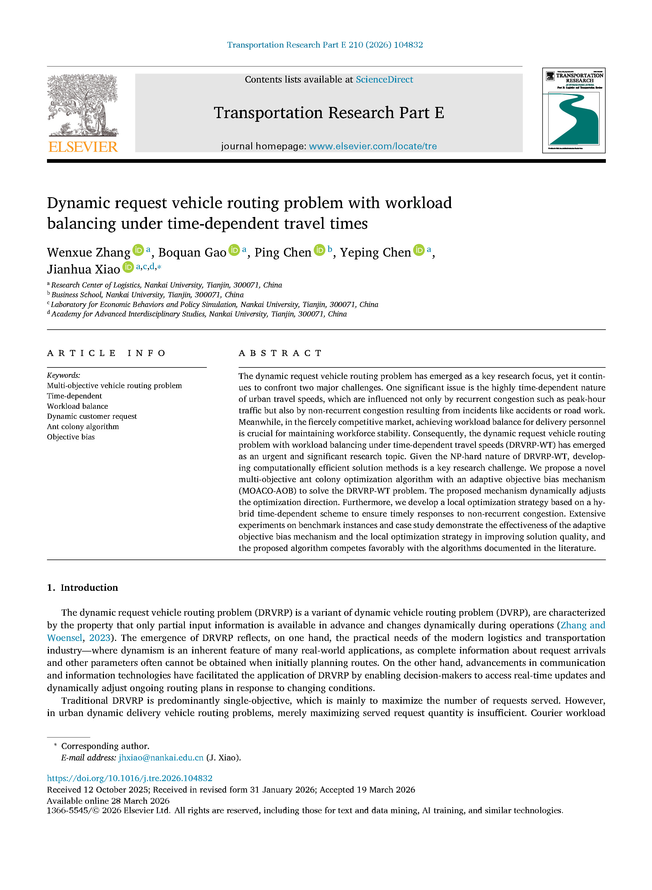 Dynamic request vehicle routing problem with workload balancing under ...