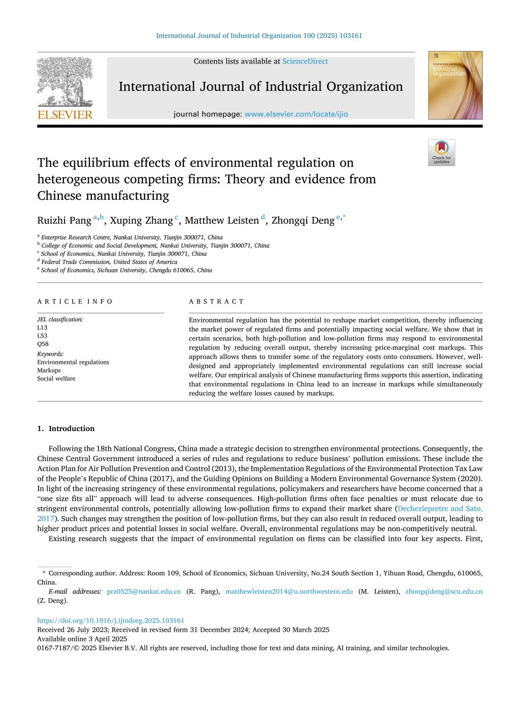 The equilibrium effects of environmental regulation on heterogeneous competing firms: Theory and evidence from Chinese manufacturing