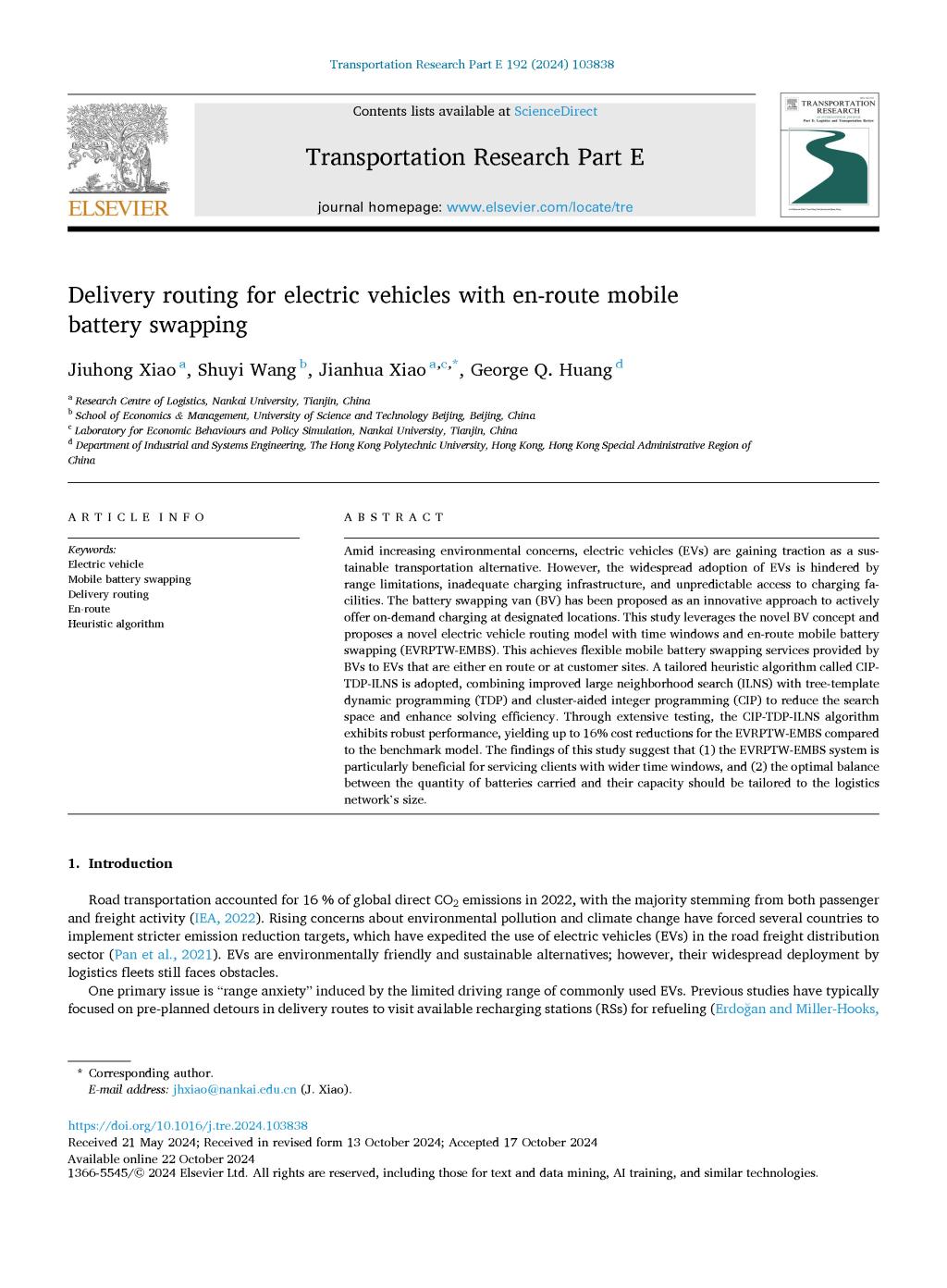 Delivery routing for electric vehicles with en-route mobilebattery swapping